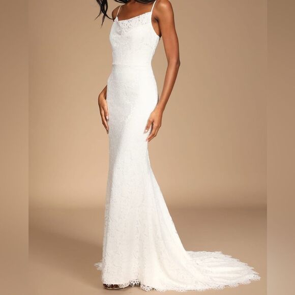 Lulus Wedding Dress Lyrics of Love White Lace Size L • NWOT • - Picture 1 of 15